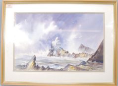 David Bellamy. A 20th Century Watercolour painting of a seascape. Featuring a stormy sea, rock faces