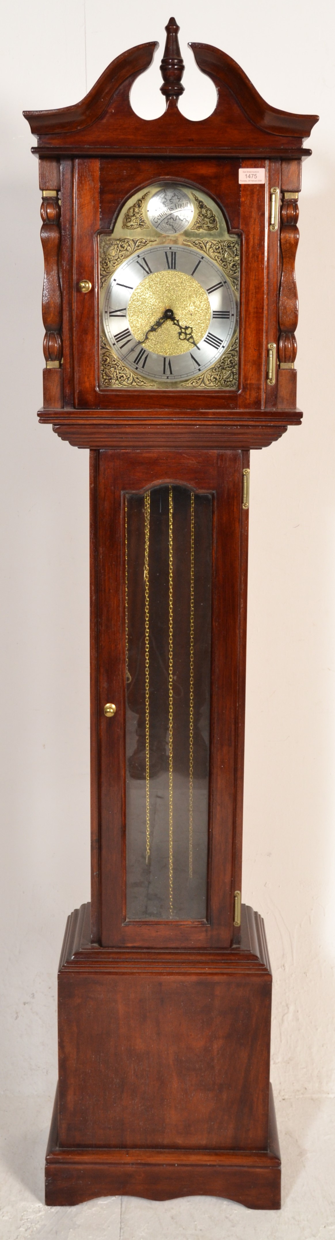 A 20th Century Tempus Fugit long case grandfather clock having a mahogany case having a broken