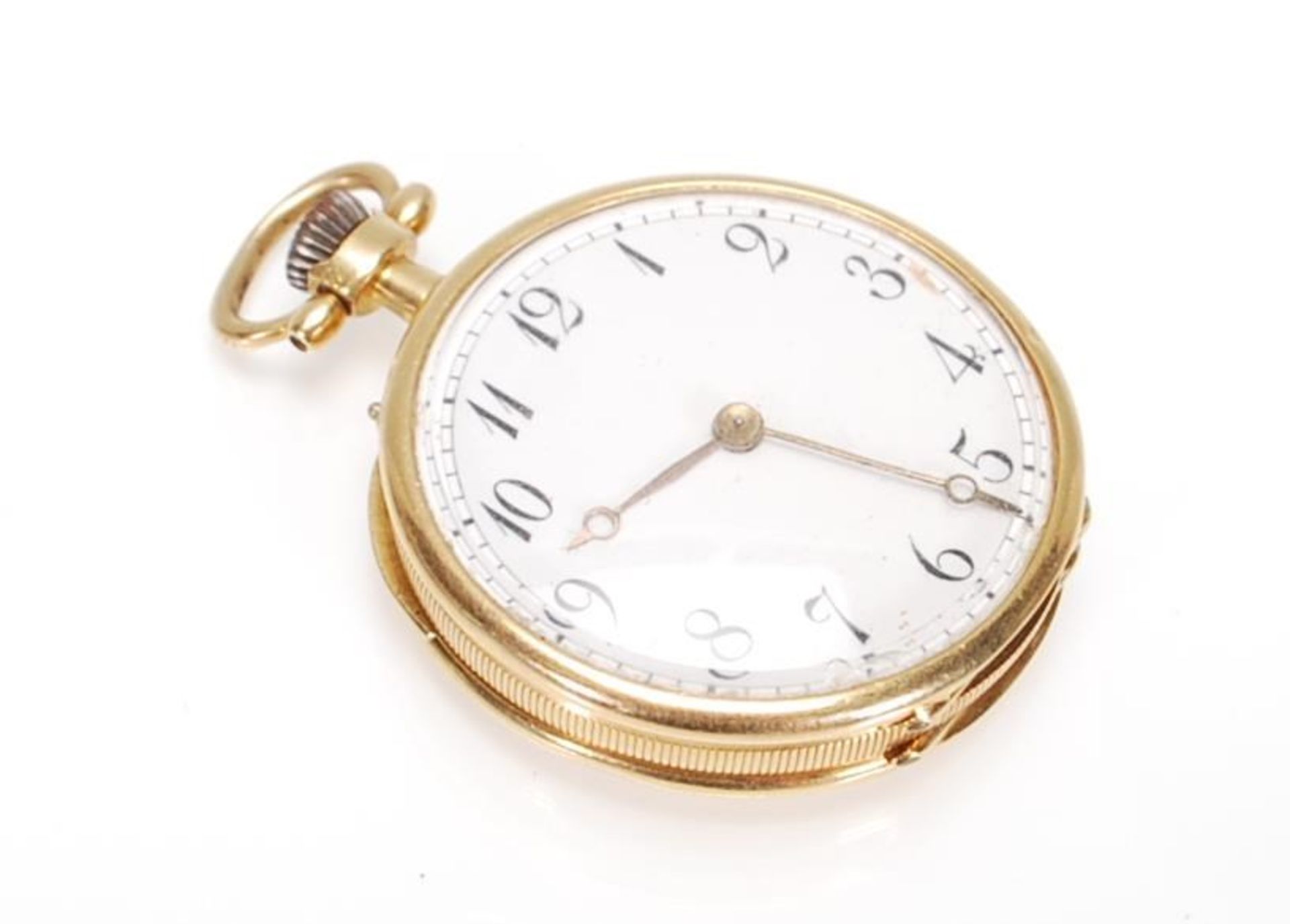 A stamped 18ct gold open faced pocket fob watch having a white enamelled dial with roman numerals to