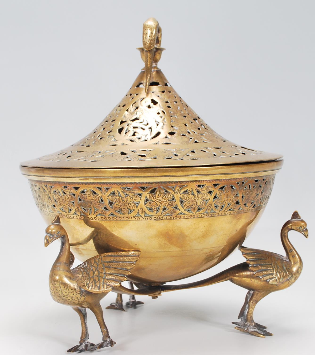 A 20th Century Indian brass centrepiece lidded bowl raised on three modelled peacocks with spread - Image 2 of 7