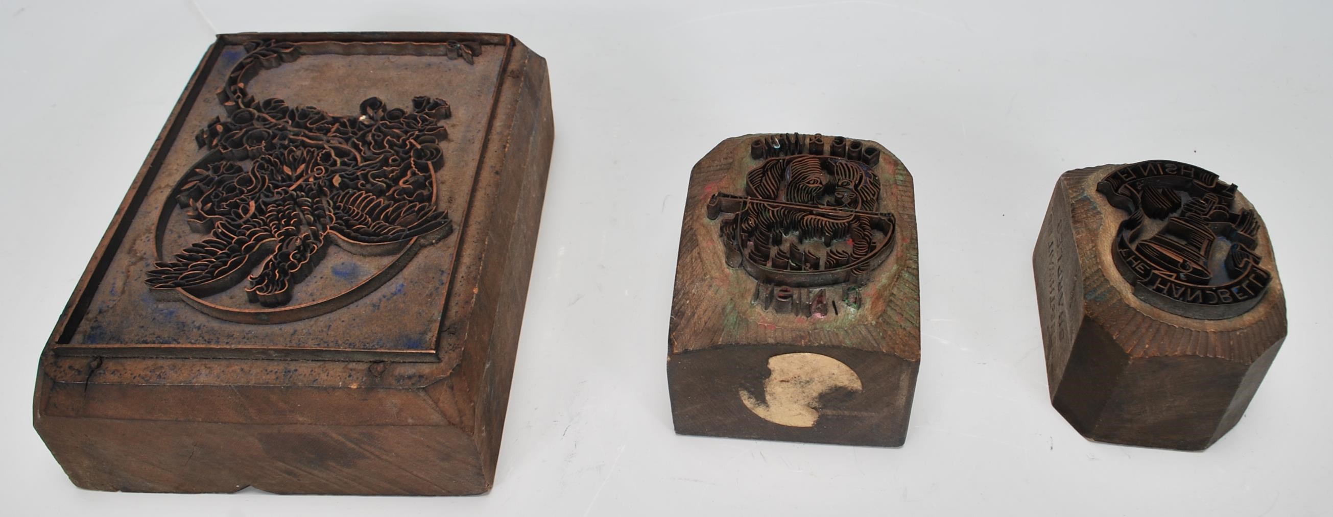 A group of three 20th Century wooden printing blocks one depicting a bird in flight, one reading ' - Image 5 of 6