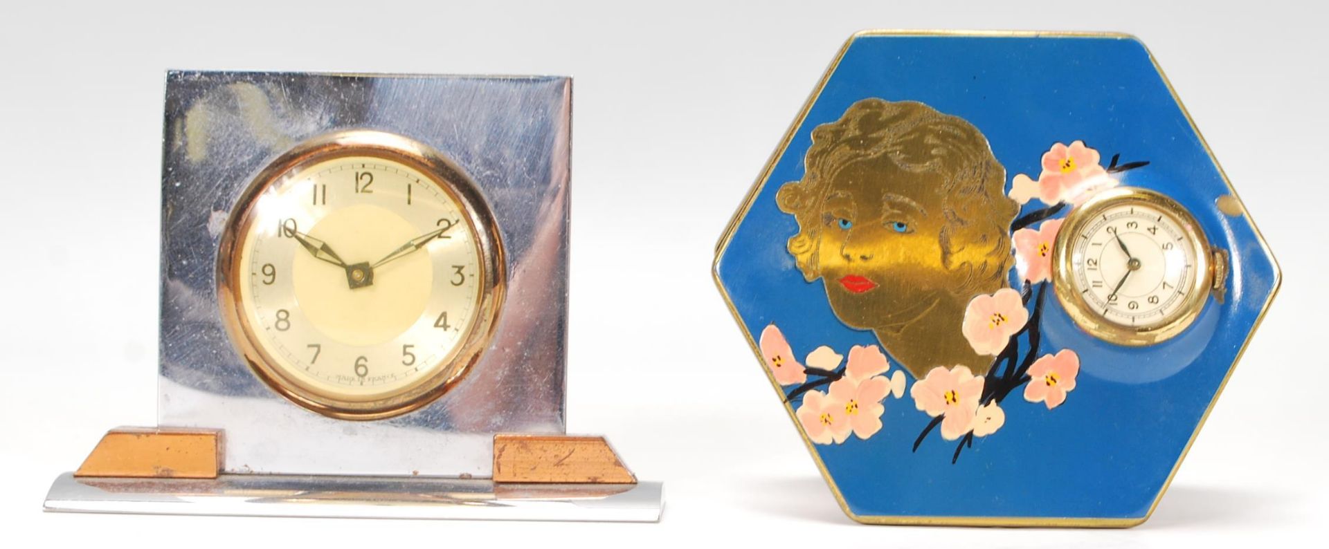 A vintage 20th Century Art Deco French made chrome desk clock together with an Art Deco ladies