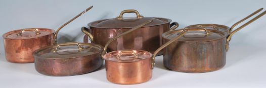 A set of six 20th Century vintage French Villedieu copper saucepans with lids to include four