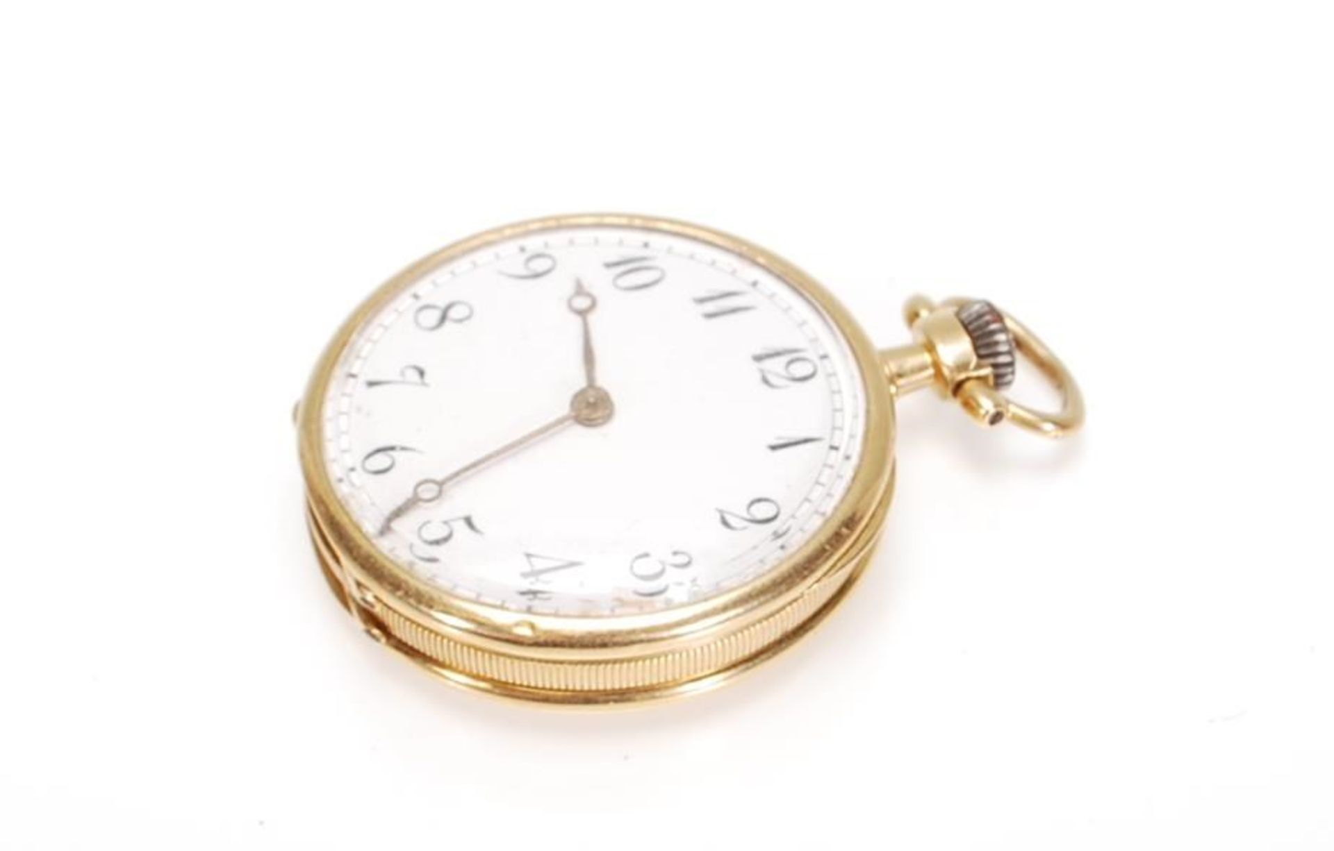 A stamped 18ct gold open faced pocket fob watch having a white enamelled dial with roman numerals to - Bild 3 aus 8