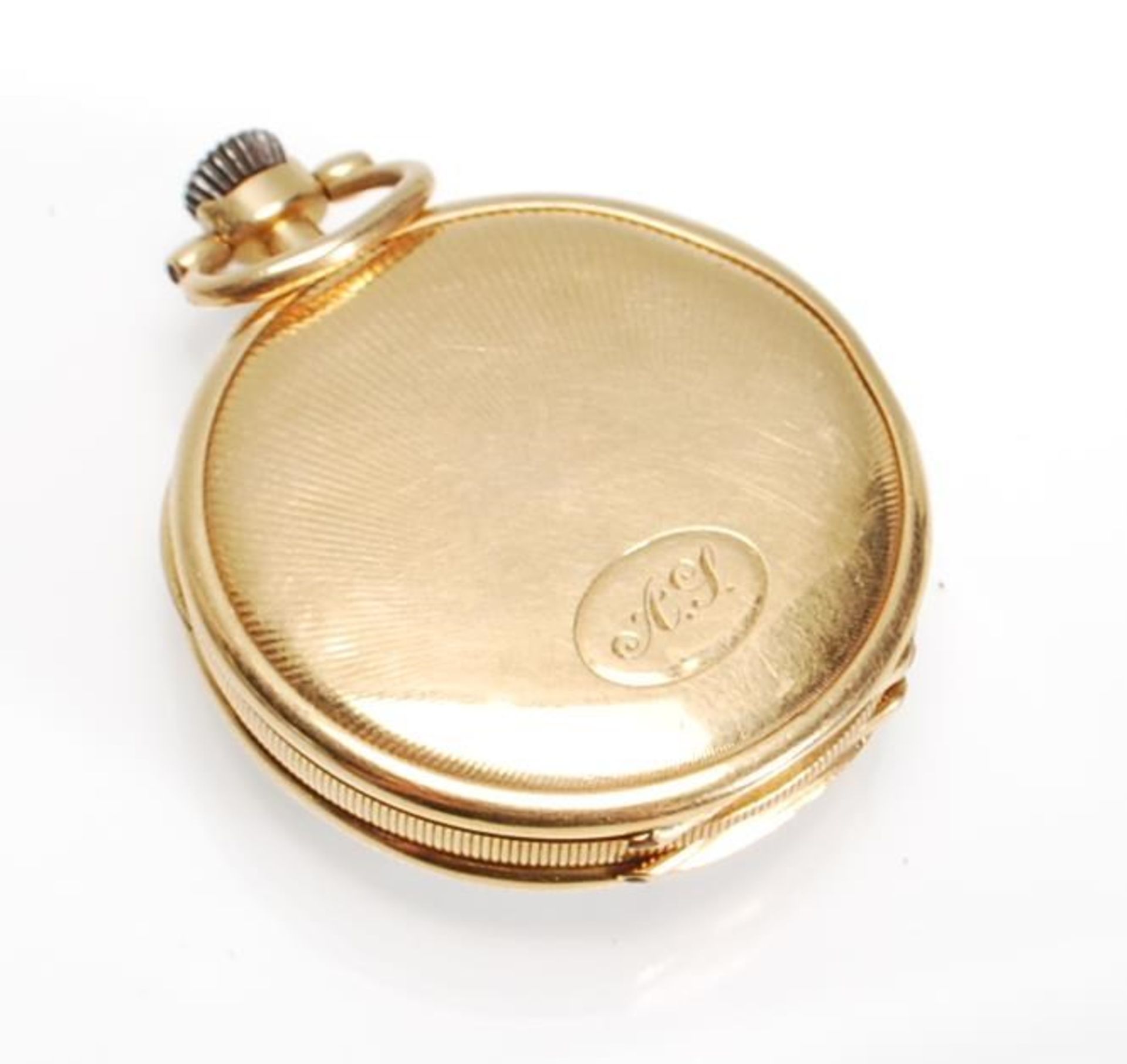 A stamped 18ct gold open faced pocket fob watch having a white enamelled dial with roman numerals to - Bild 4 aus 8