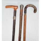 A group of three vintage 20th Century walking stick canes dating from the early 20th Century to