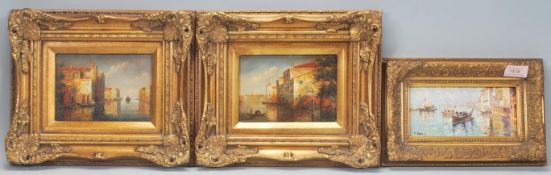 R . Cipriani. Three 20th Century oil on board paintings. Each depicting Venice canal scenes that
