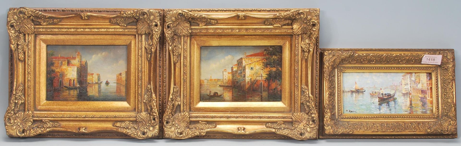 R . Cipriani. Three 20th Century oil on board paintings. Each depicting Venice canal scenes that