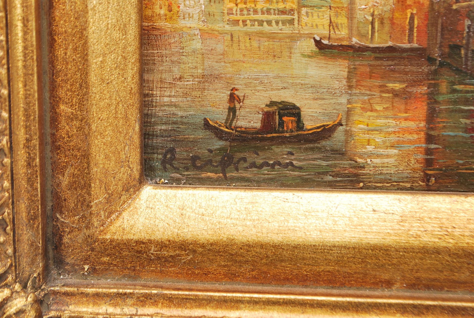 R . Cipriani. Three 20th Century oil on board paintings. Each depicting Venice canal scenes that - Image 7 of 10