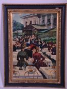 A 20th century large oil on canvas painting of a garden party set within a good ebonised and gilt