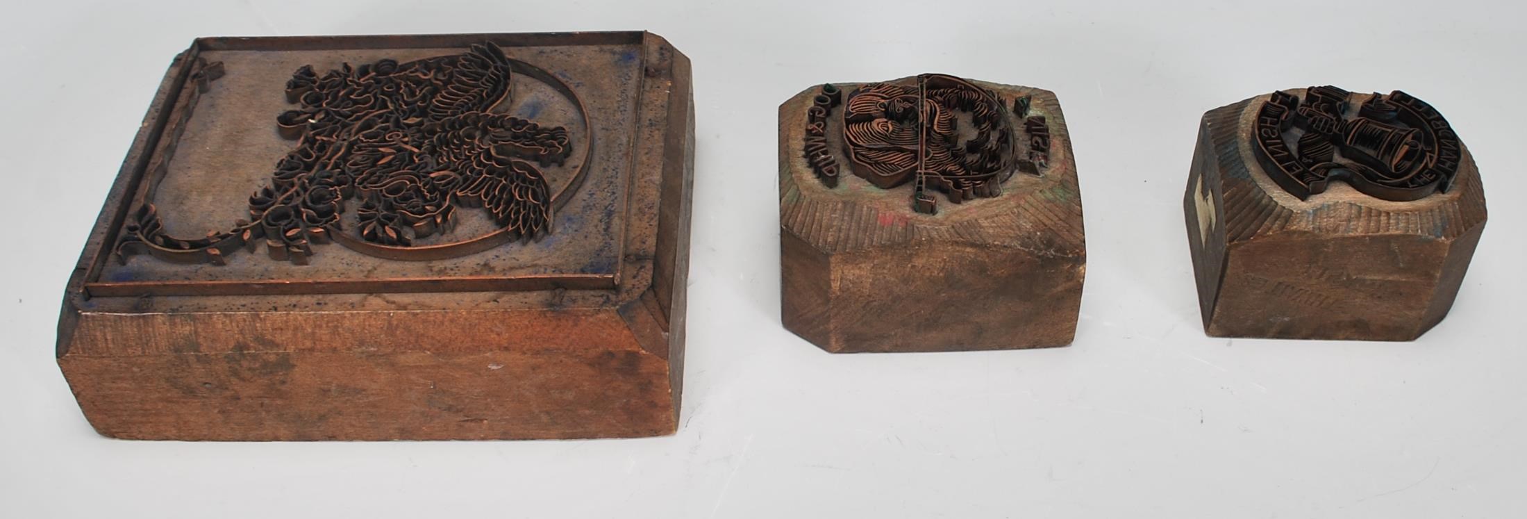 A group of three 20th Century wooden printing blocks one depicting a bird in flight, one reading ' - Image 3 of 6