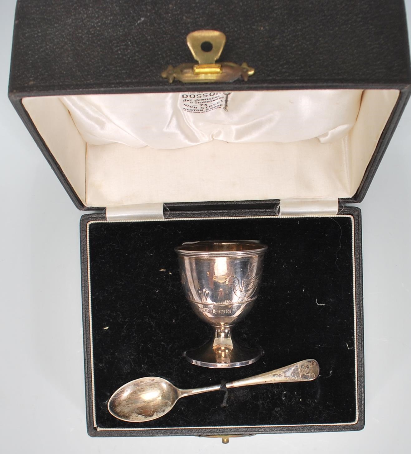 A silver hallmarked engraved child's egg cup and spoon christening set, the spoon and cup each chase - Image 2 of 8