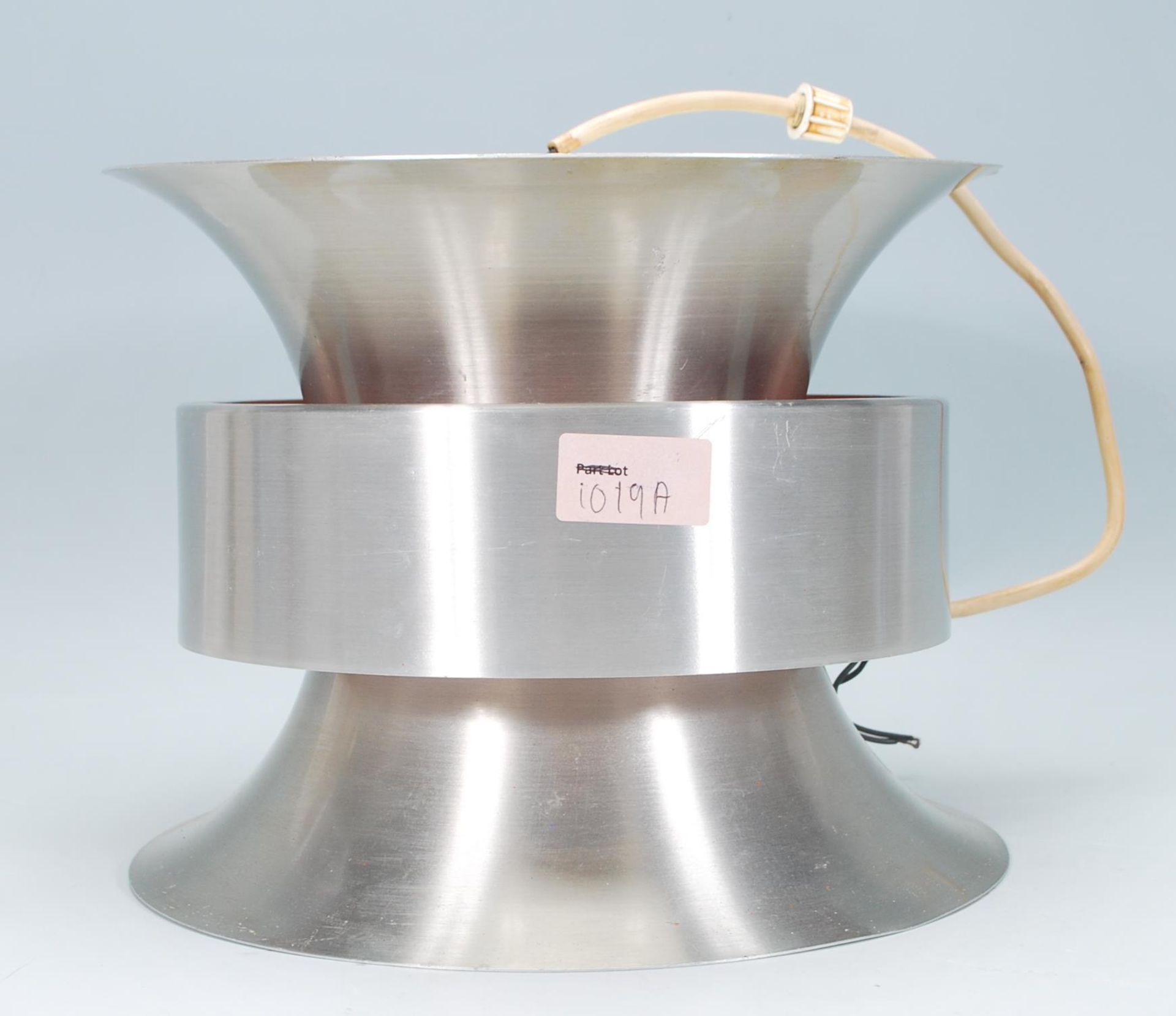 A Danish retro vintage aluminium ceiling light fixture having two trumpeted sections on top of