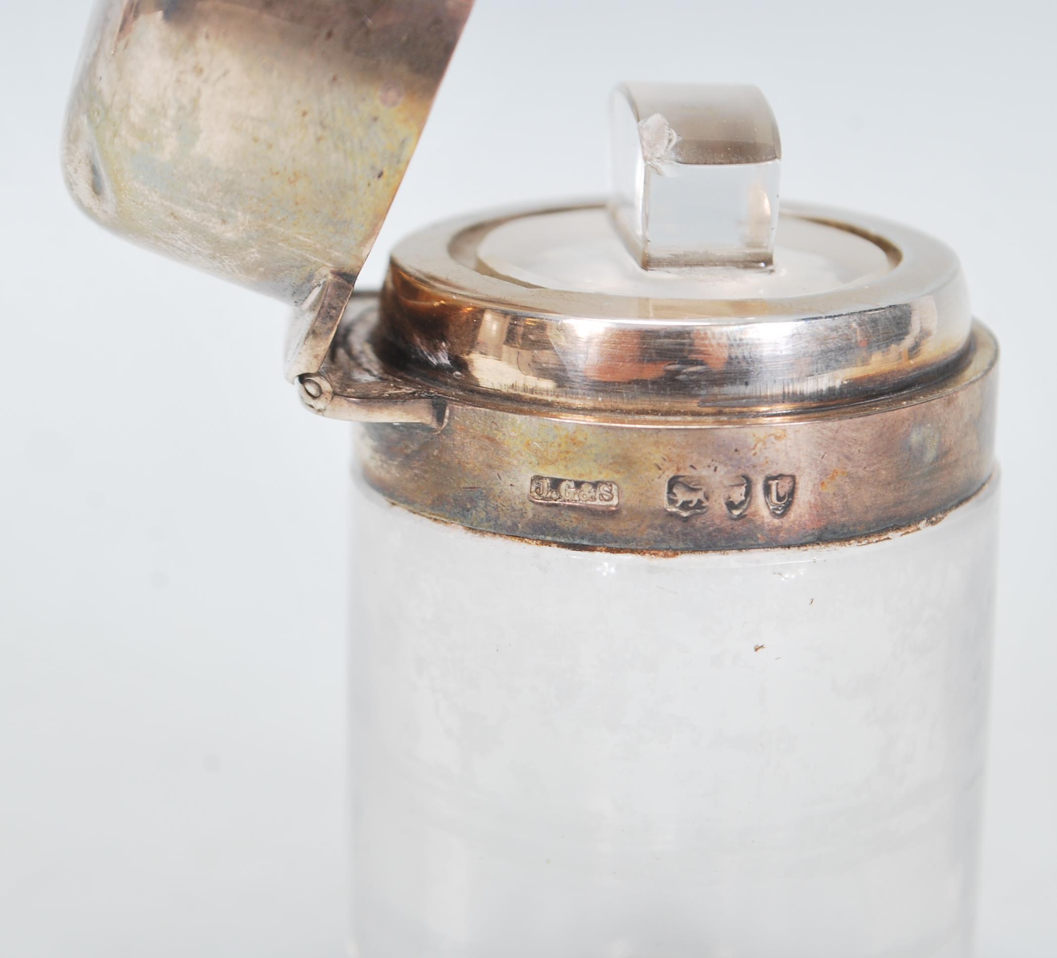 A late 19th Century Victorian glass bodied cylindrical pot having a silver hallmarked hinged lid and - Image 6 of 7