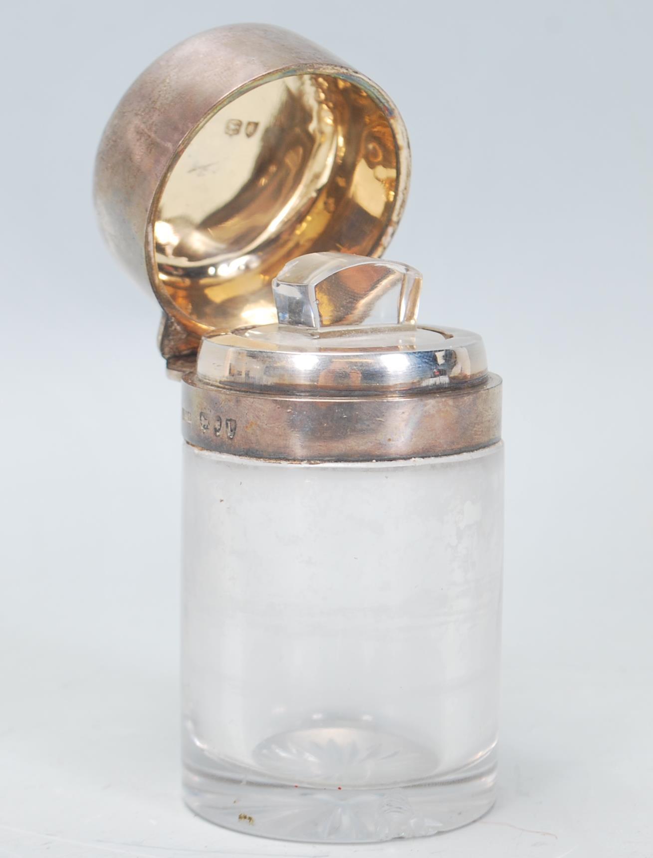 A late 19th Century Victorian glass bodied cylindrical pot having a silver hallmarked hinged lid and - Image 4 of 7