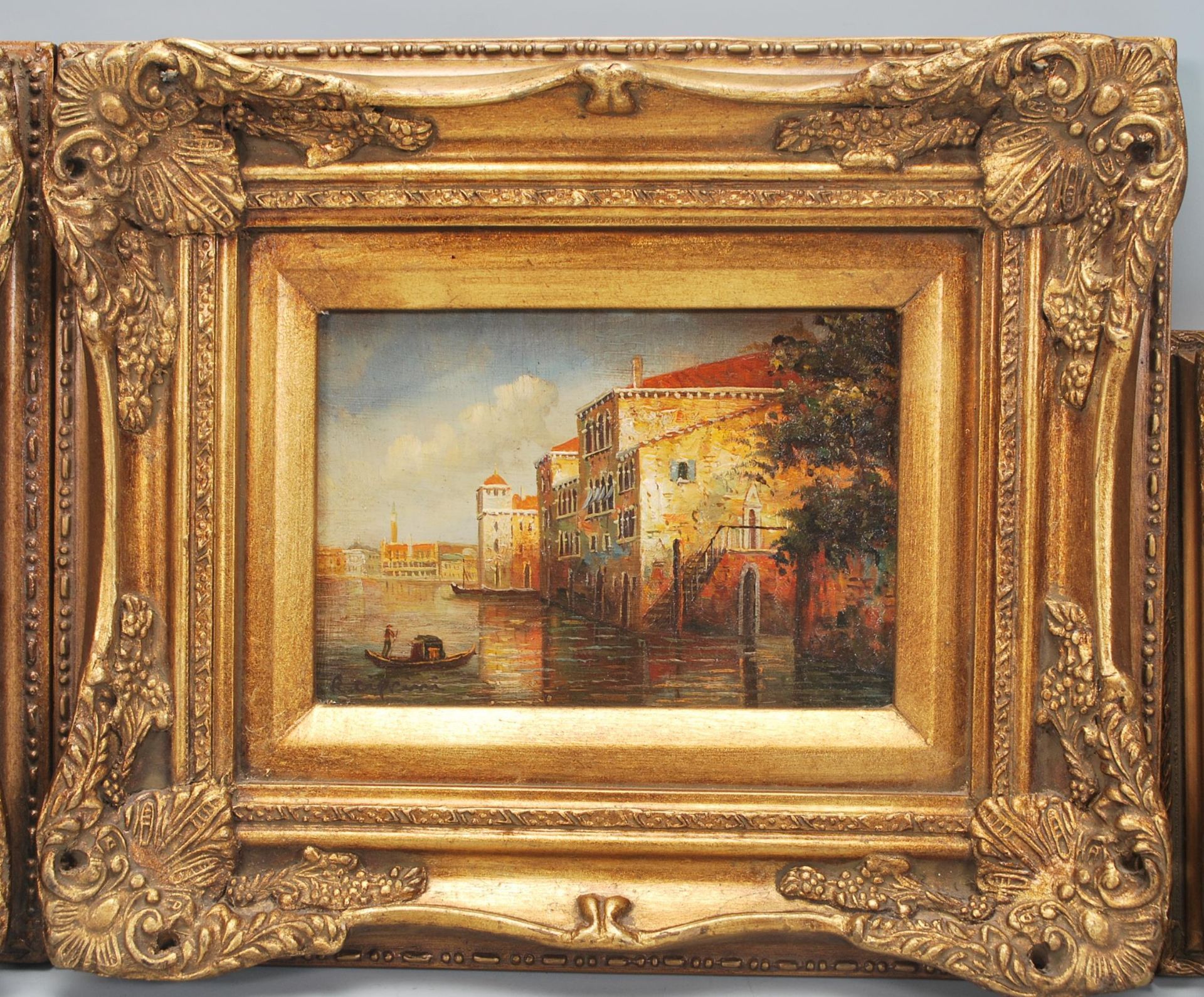 R . Cipriani. Three 20th Century oil on board paintings. Each depicting Venice canal scenes that - Image 5 of 10