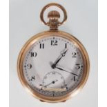 A hallmarked 9ct yellow gold open face pocket watch having a white enamel face with Arabic numeral