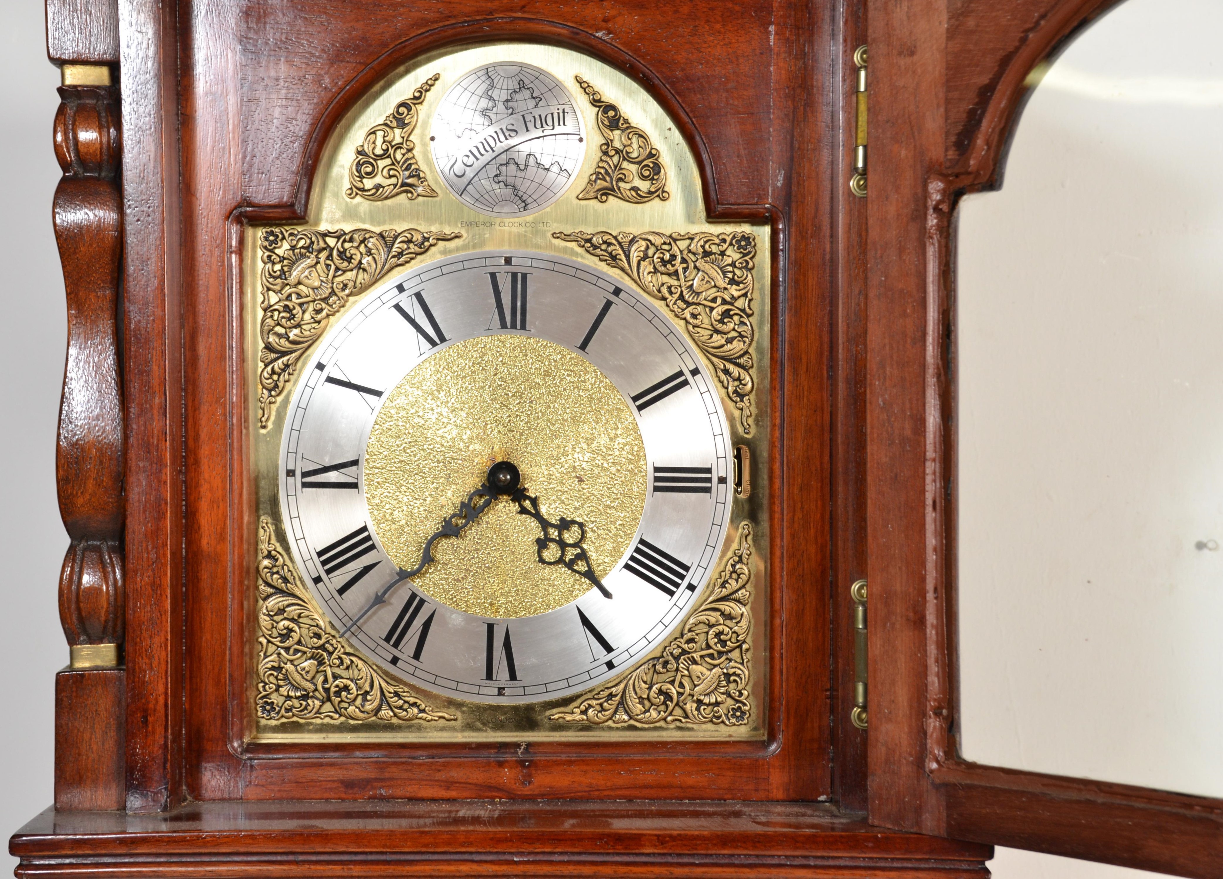 A 20th Century Tempus Fugit long case grandfather clock having a mahogany case having a broken - Image 6 of 7