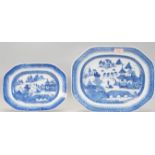 Two 19th Century graduating Chinese blue and white plates each of rectangular canted form having
