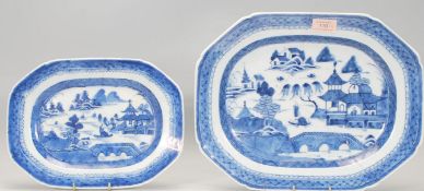 Two 19th Century graduating Chinese blue and white plates each of rectangular canted form having