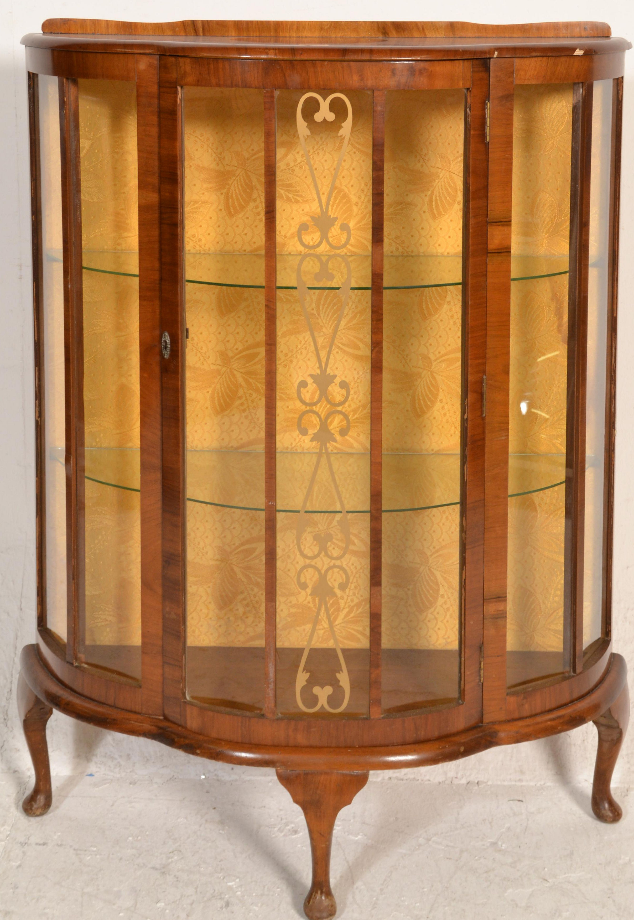 An early 20th Century 1930's Art Deco walnut demi lune display cabinet being raised on cabriole legs - Image 2 of 7