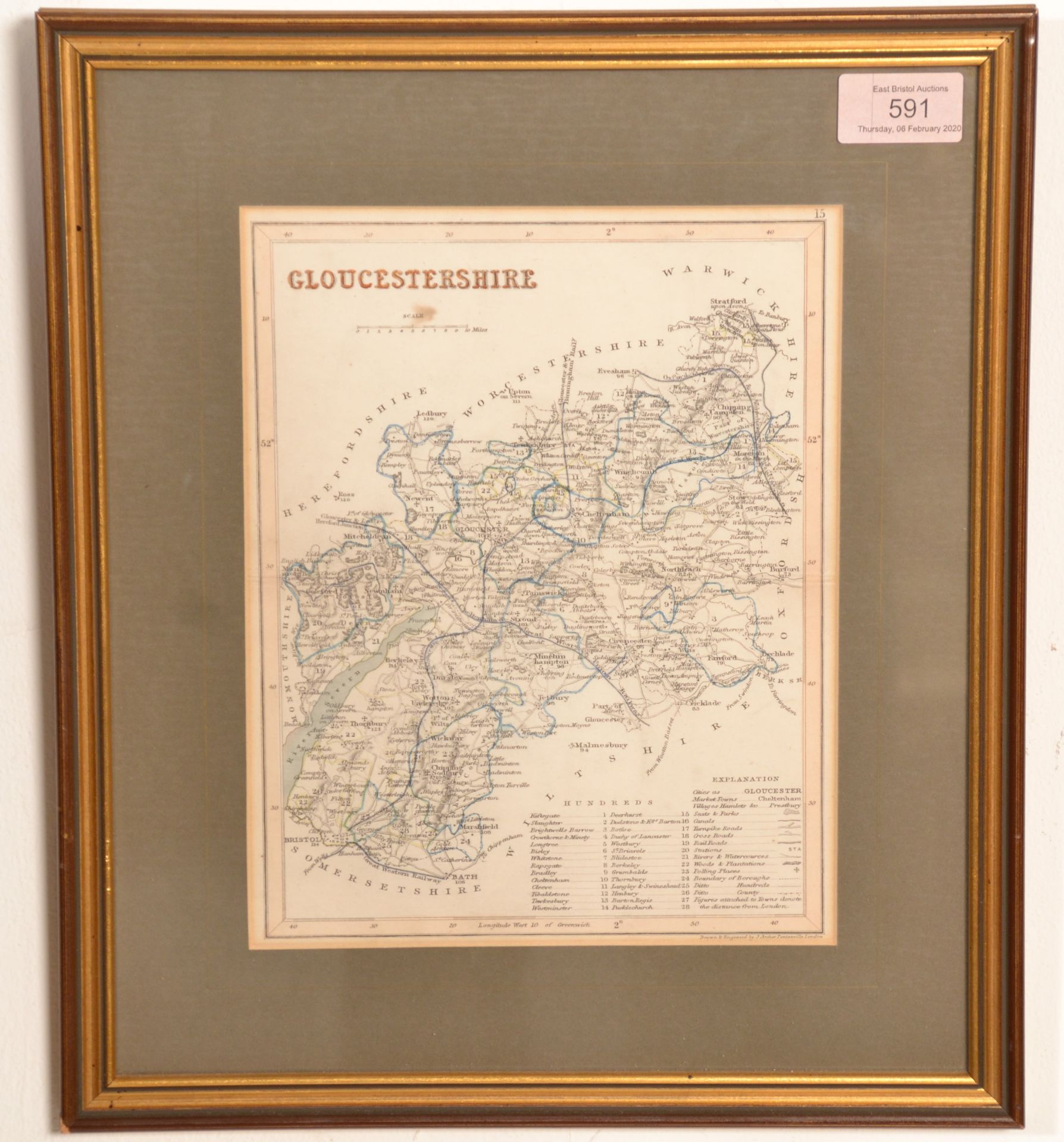 A 19th Century drawn & engraved map of Gloucestershire by J Archer Pentonville London. Framed and