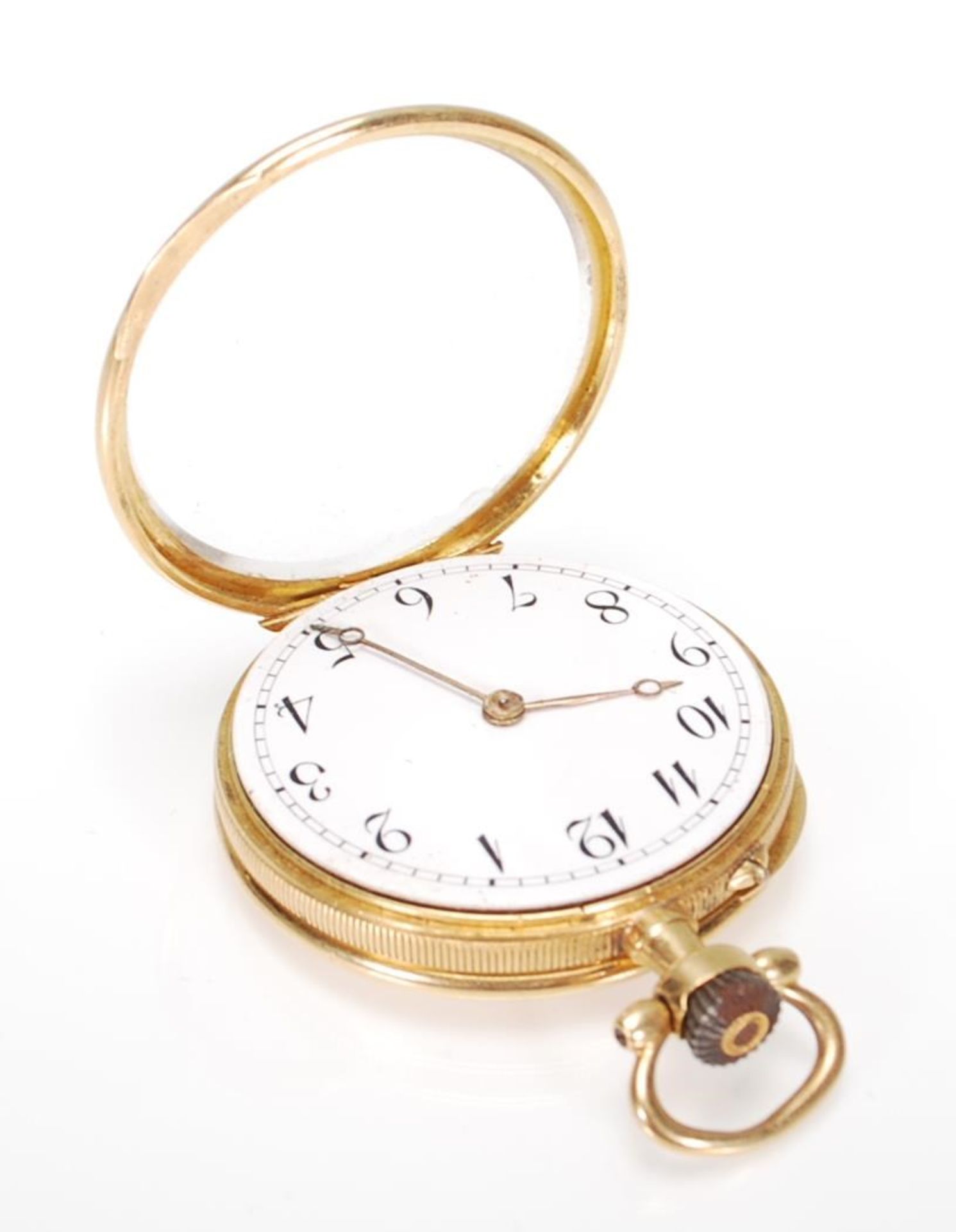 A stamped 18ct gold open faced pocket fob watch having a white enamelled dial with roman numerals to - Bild 5 aus 8