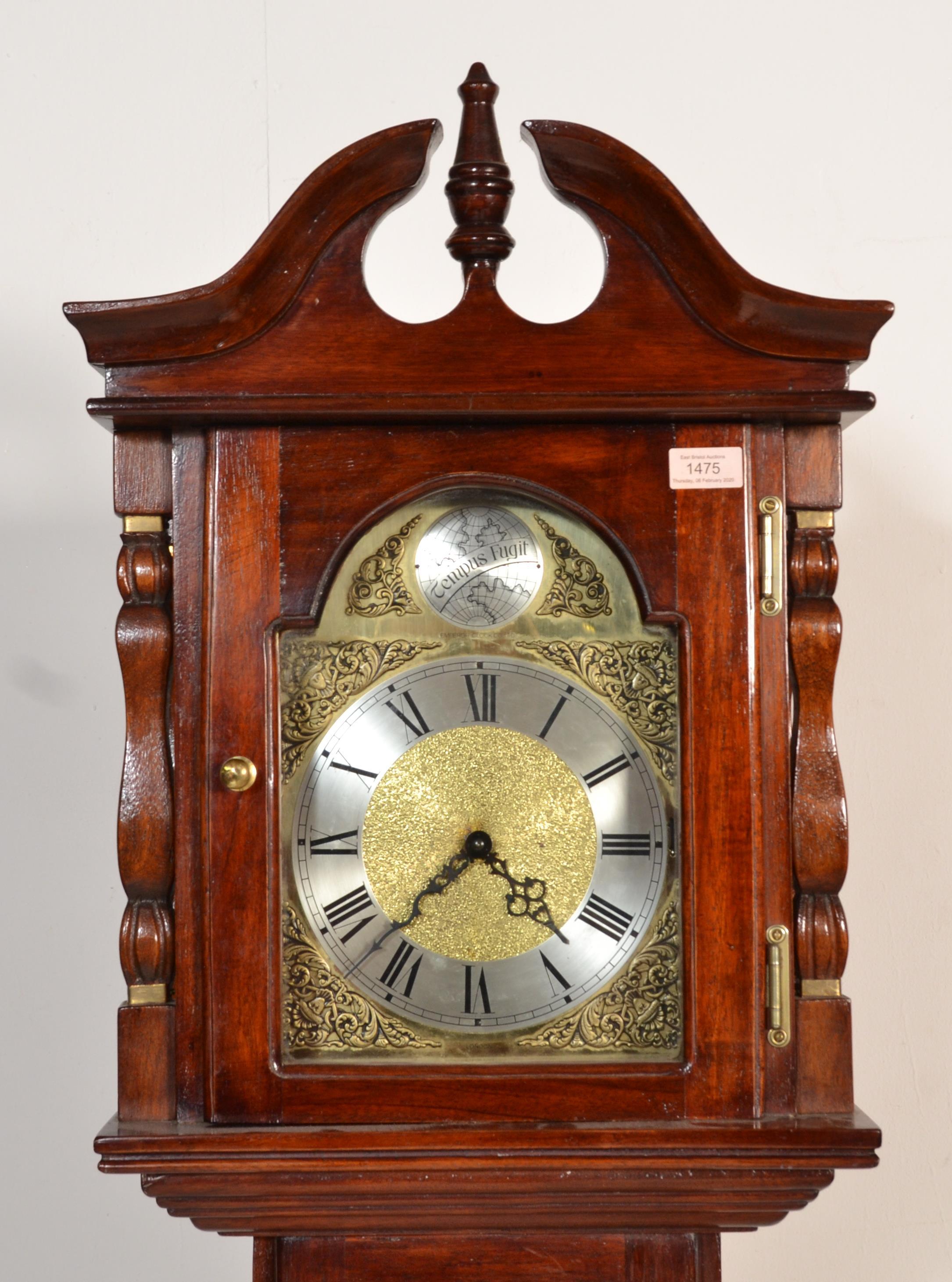 A 20th Century Tempus Fugit long case grandfather clock having a mahogany case having a broken - Image 2 of 7