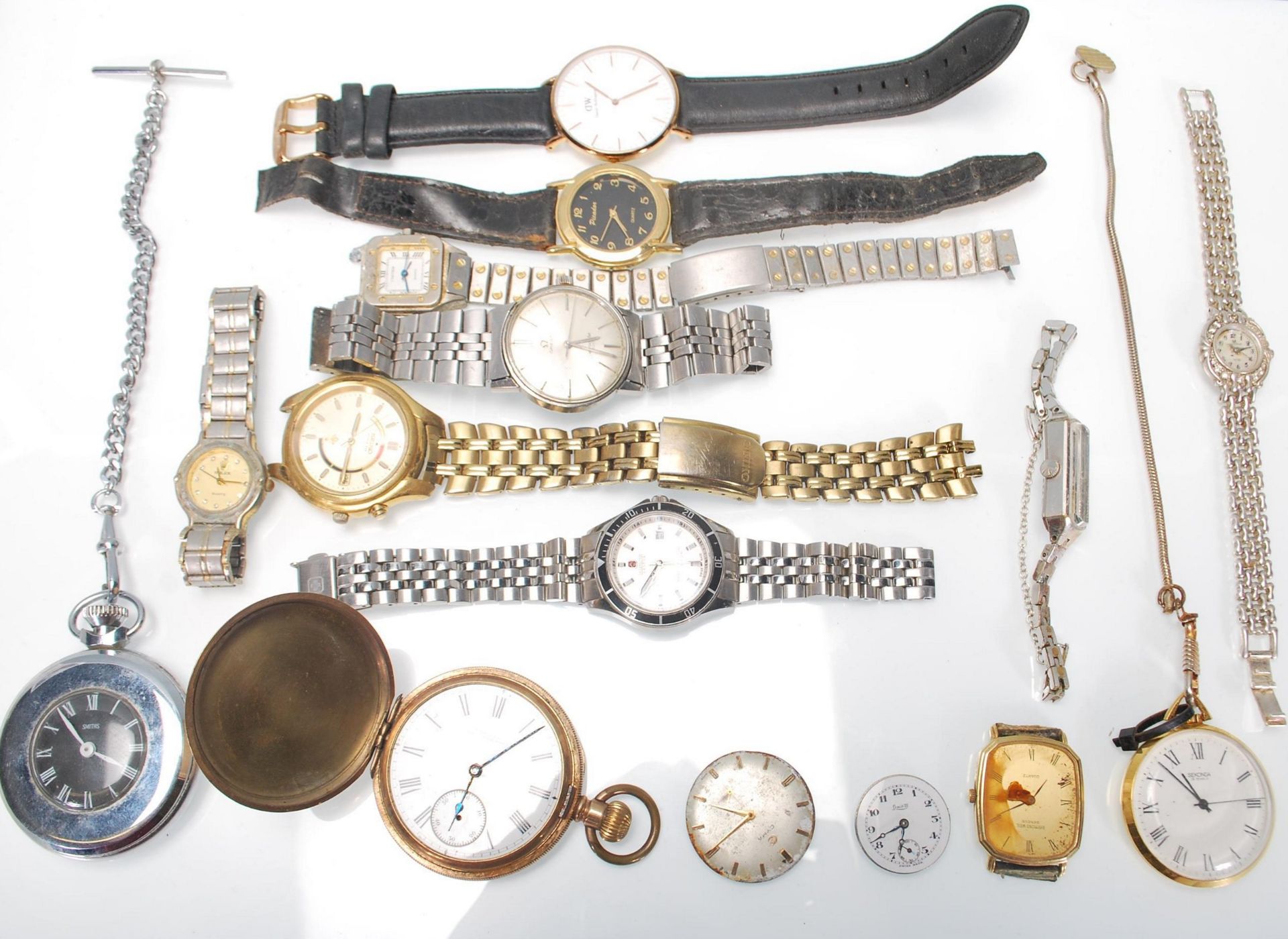 A mixed collection of vintage wrist and pocket watches to include a gold plated full hunter pocket