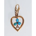 A 20th Century 9ct gold pendant of heart shape set with three turquoise cabochons and seed pearls to