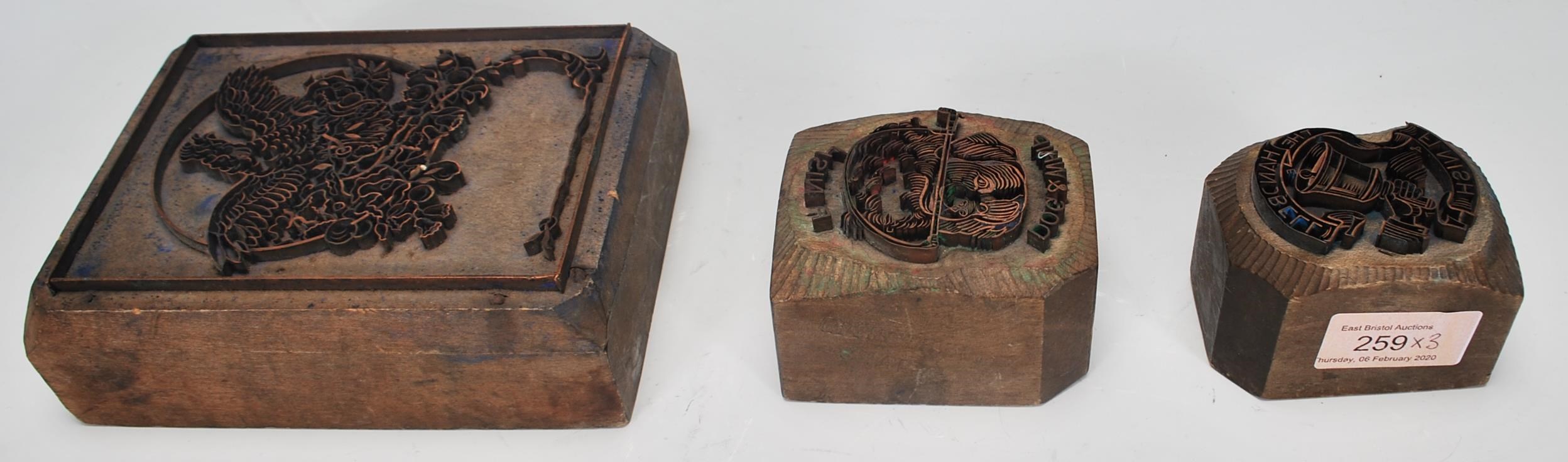 A group of three 20th Century wooden printing blocks one depicting a bird in flight, one reading ' - Image 6 of 6