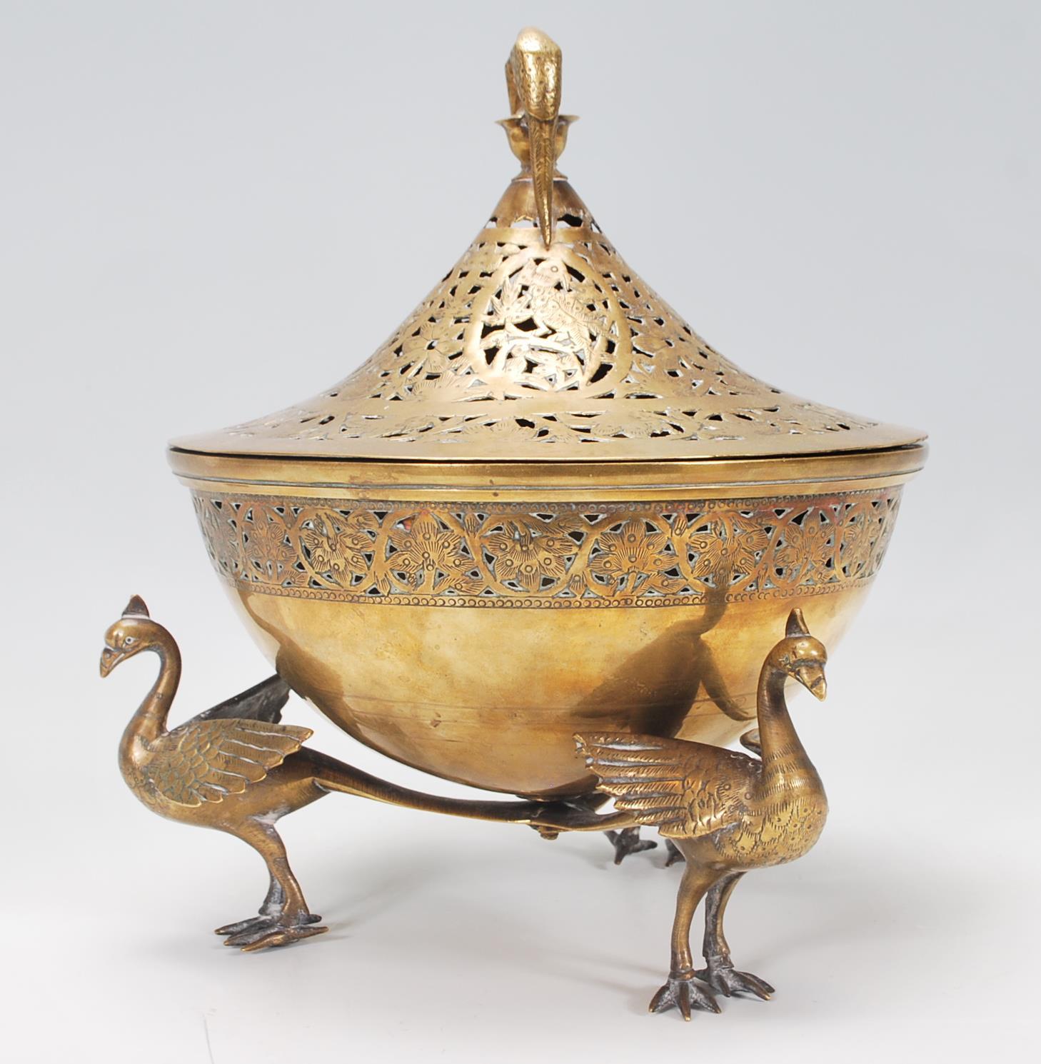 A 20th Century Indian brass centrepiece lidded bowl raised on three modelled peacocks with spread - Image 4 of 7