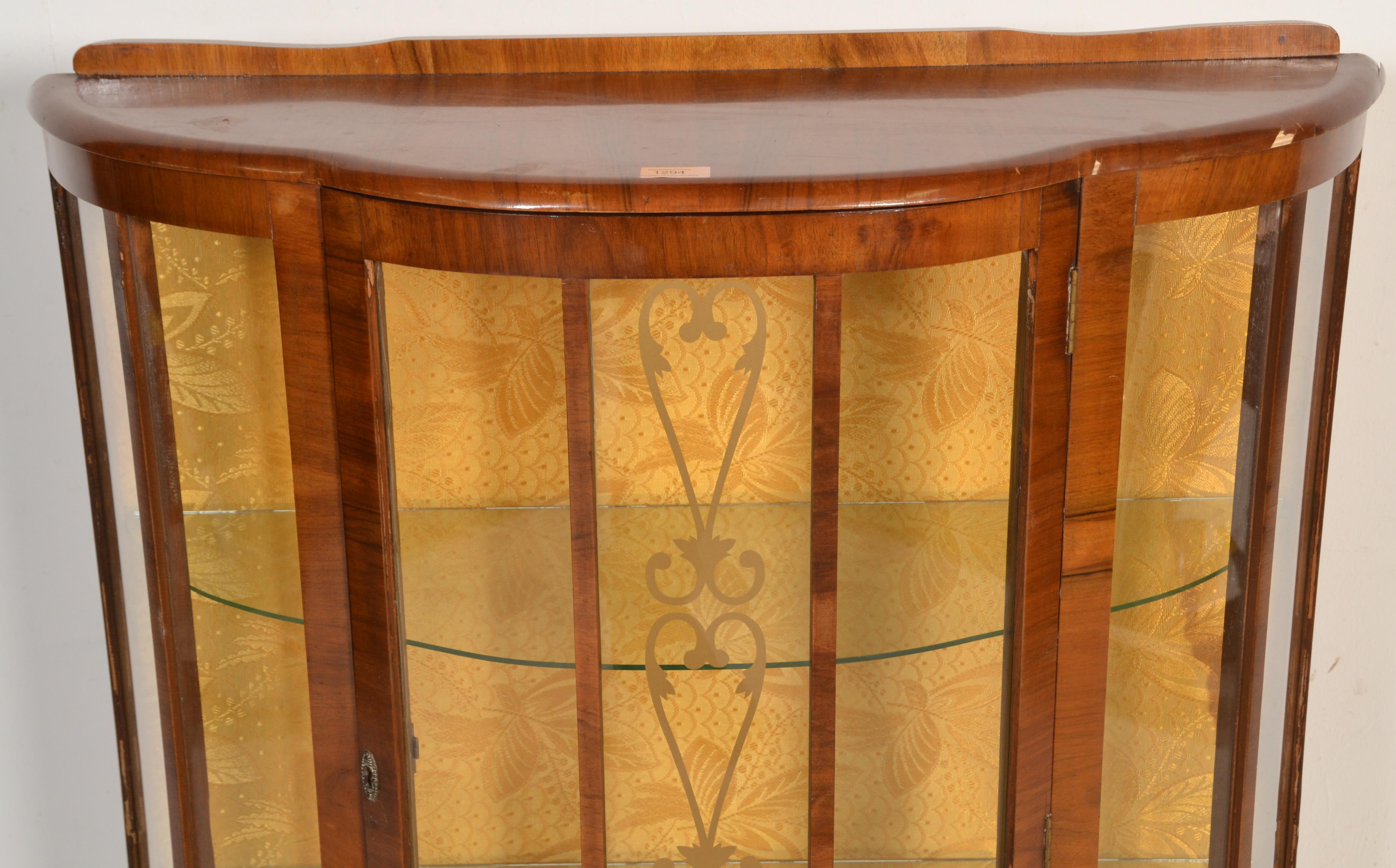 An early 20th Century 1930's Art Deco walnut demi lune display cabinet being raised on cabriole legs - Image 3 of 7