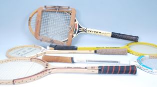 A collection of vintage wooden tennis and squash rackets to include a Rucanor Fearless , an Oliver