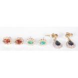 A group of three pairs of 9ct gold earrings to include a pair of green stone set earrings with a