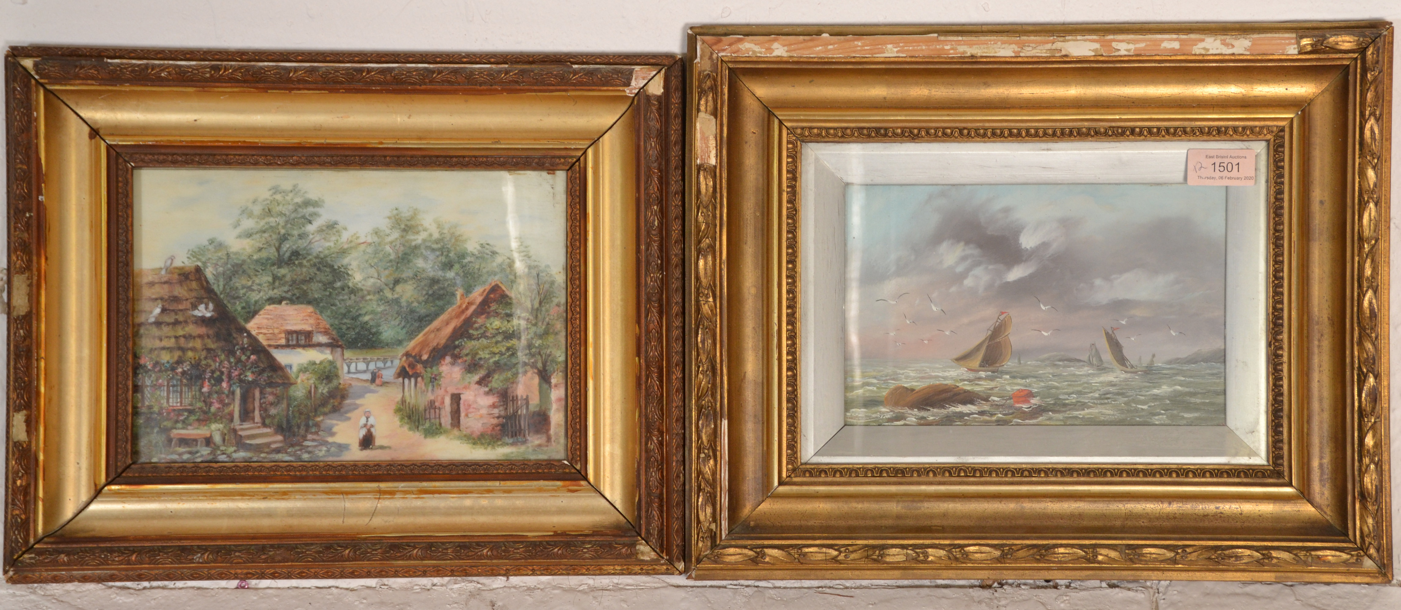 Two 20th Century framed and glazed oil on board paintings one depicting multiple boats at full