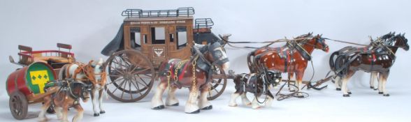 A mixed collection of vintage 20th Century horses and wagons / stagecoaches in the manner of Beswick