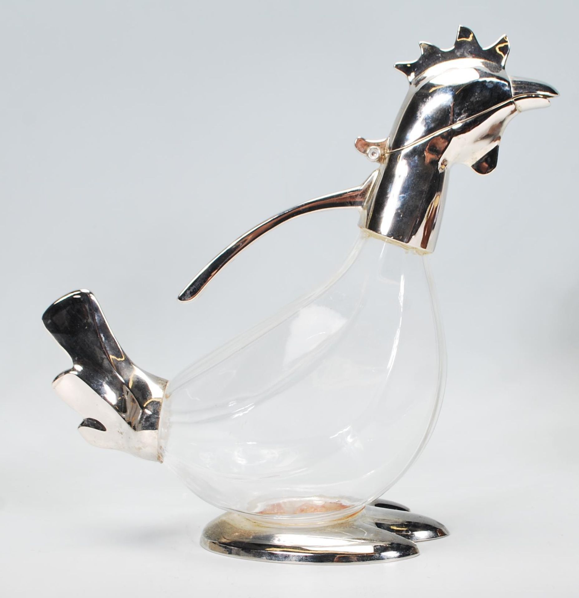 A contemporary glass and silver plated decanter / water jug modelled as a cockerel, moulded glass - Image 7 of 9