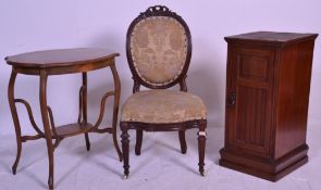 An early 20th century French bedroom - boudoir single chair with balloon back rest being upholstered