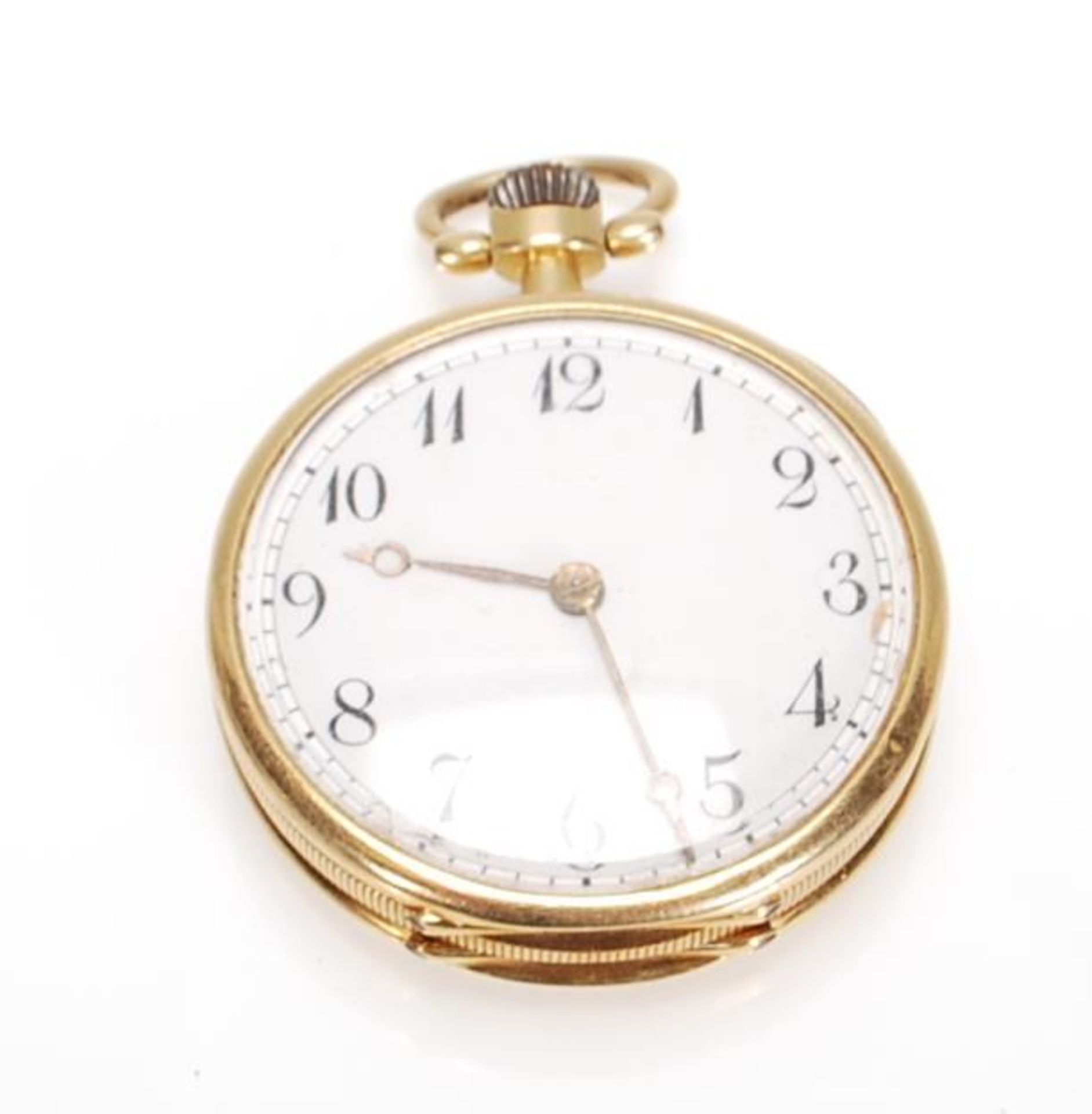 A stamped 18ct gold open faced pocket fob watch having a white enamelled dial with roman numerals to - Bild 2 aus 8