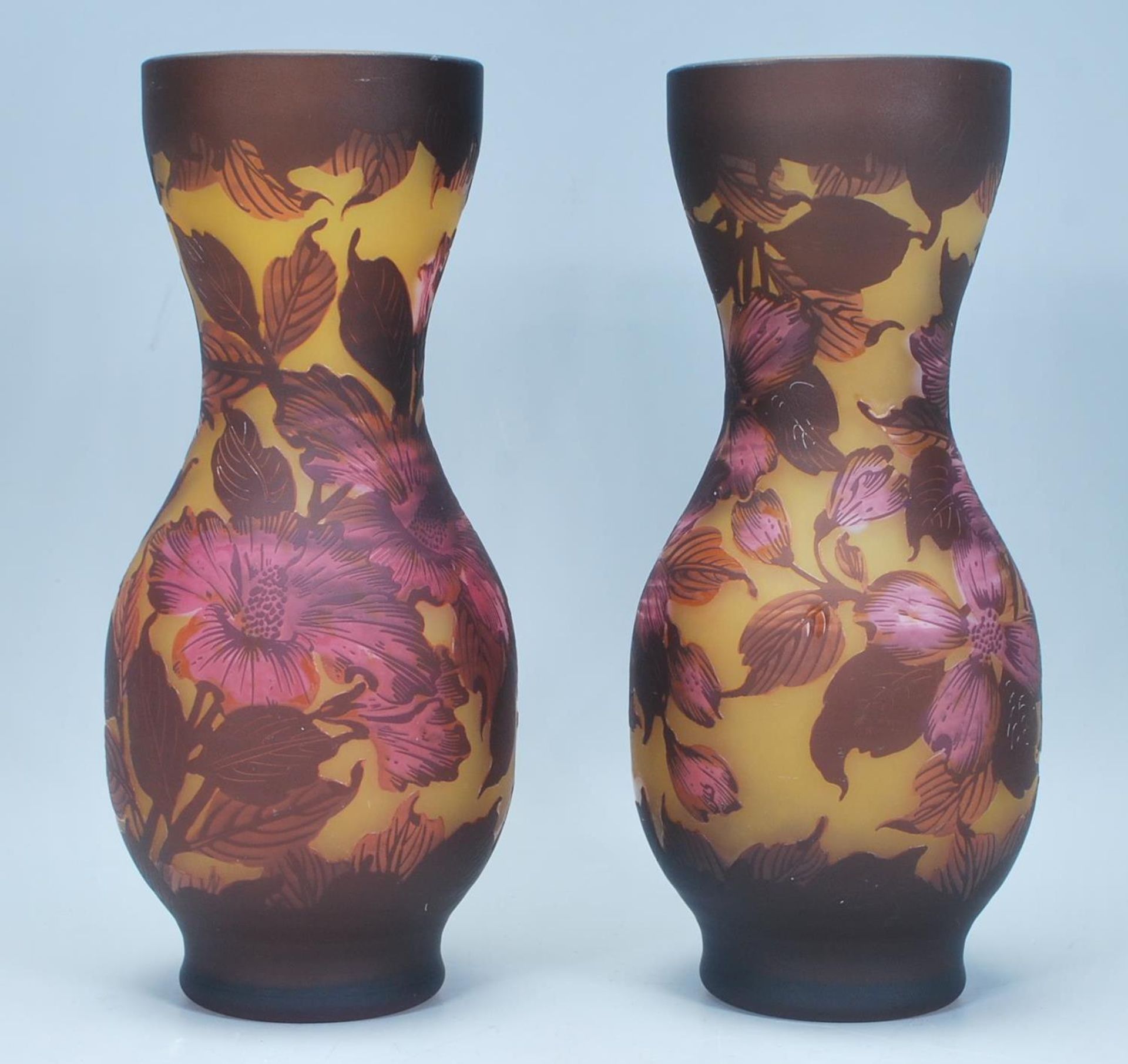 A pair of Galle tip Art Nouveau style cameo glass vases of waisted form each having a yellow - Image 3 of 6