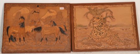 A pair of leather art wall panel pictures by Tony Browne to include one depicting galloping