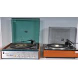 Hi-Fi - Two retro vintage 20th Century record player turntables in teak wood cases with perspex