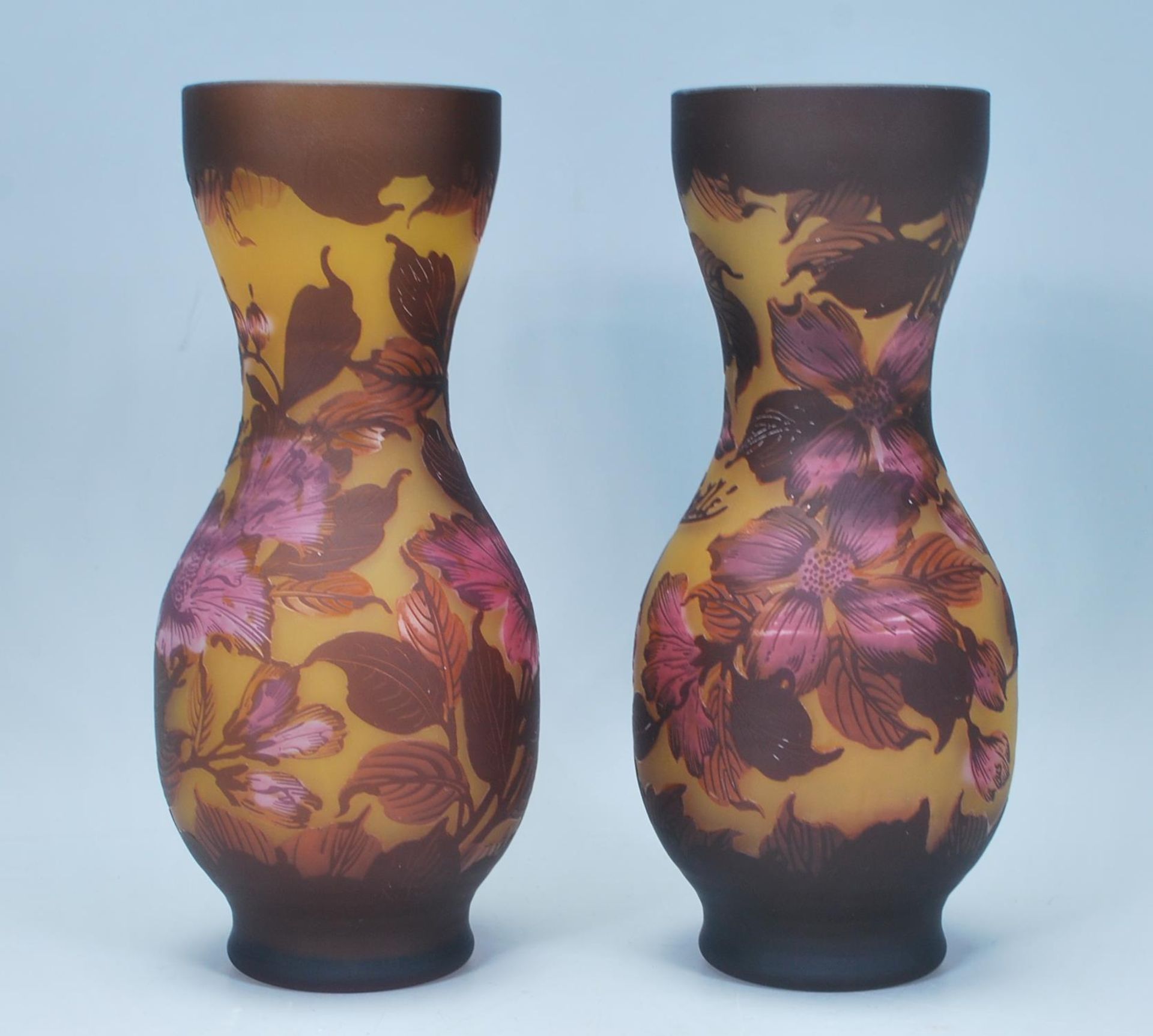 A pair of Galle tip Art Nouveau style cameo glass vases of waisted form each having a yellow - Image 4 of 6
