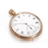 A 20th Century Elgin gold plated open faced pocket watch having a white enamelled dial with roman