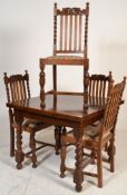 A 20th Century antique style oak draw leaf dinging table having a square top raised on block and