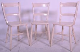 A set of 3 Victorian 19th century beech and elm wood dining chairs. Raised on turned legs with