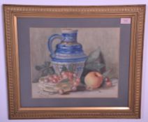 An early 20th Century still life watercolour depicting fruit in front of a ceramic water jug with