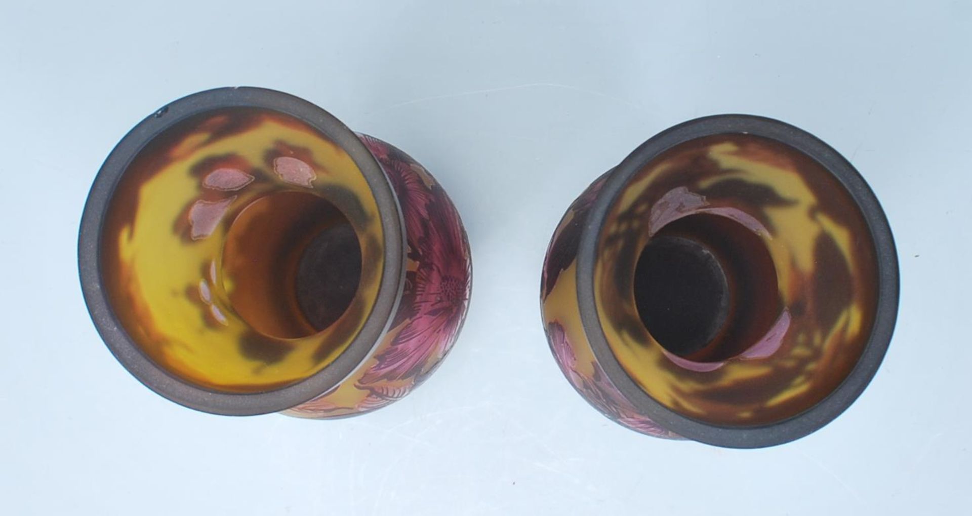 A pair of Galle tip Art Nouveau style cameo glass vases of waisted form each having a yellow - Image 5 of 6