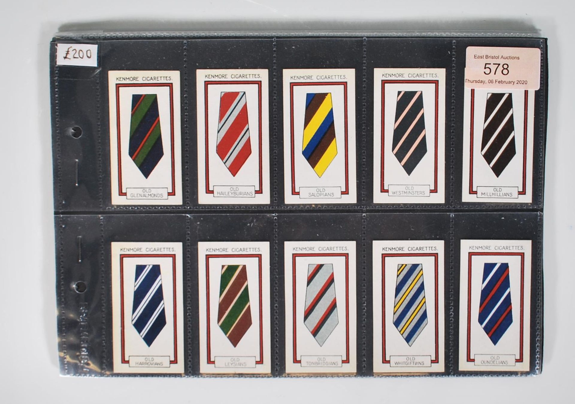 A full set of vintage John Brumfit Cigarette trade cards, The Public Schools' Ties Series ( Old Boys